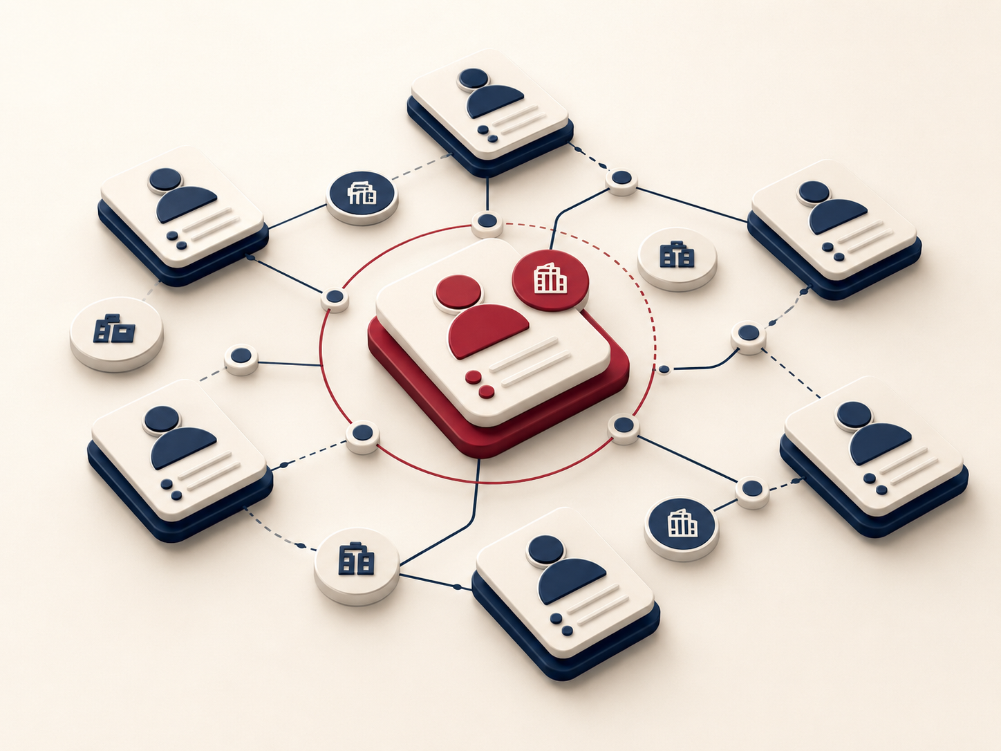 Red profesional conectando perfiles y cuentas objetivo alrededor de una oportunidad priorizada